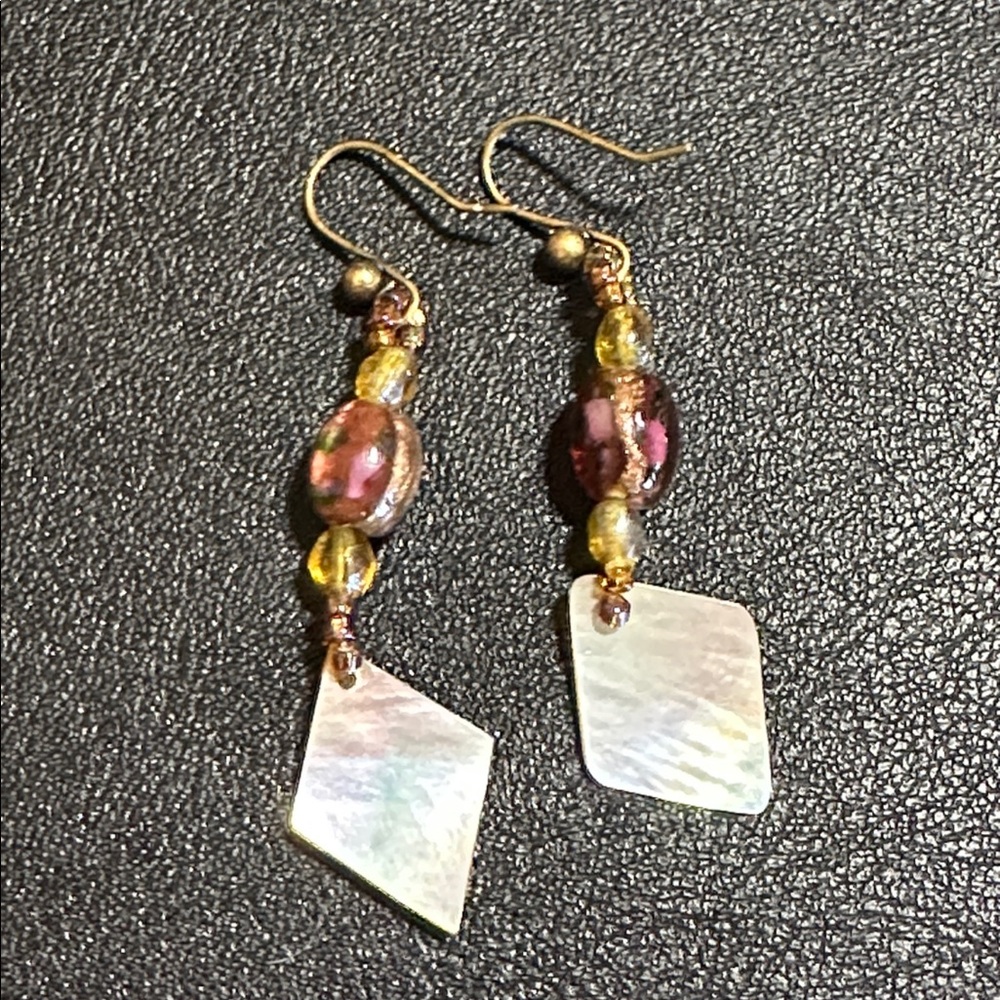 Mother Of Pearl & Art Glass Bead Vintage Drop Earrings